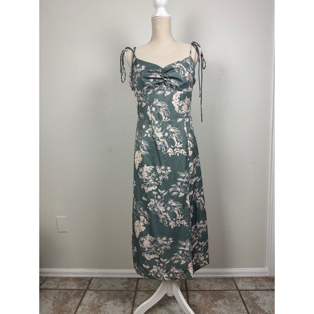 Cider Floral Cottagecore Midi Dress Tie Strap Ruched Bust Coquette Side Slit